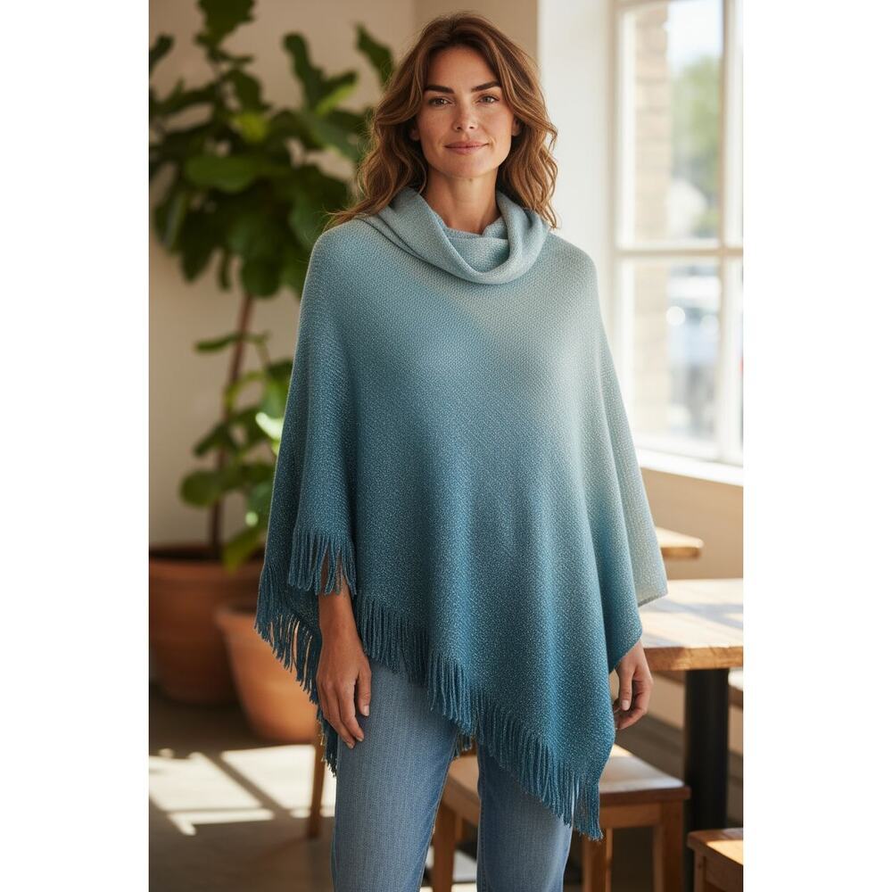 Chicos small medium teal blue ombre metallic sweater poncho new